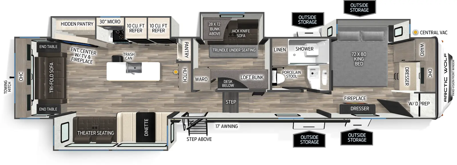 The 3650SUITE has four slideouts and one entry. Exterior features 17 foot awning, outside storage, step above entry steps, and rear towing hitch. Interior layout front to back: front sun bench with overhead cabinet, wardrobe and closet with washer/dryer prep, off-door side king bed slideout, and door side dresser with fireplace below; off-door side full bathroom with porcelain stool, medicine cabinet, and shower caddy; door side steps down to main living area and entry; off-door side mid bunk room with off-door side slideout with jackknife sofa with trundle bed below a bunk, and desk with bunk above along inner wall; kitchen counter with pull-out countertop extension, central vacuum, and overhead cabinet along inner wall; off-door side slideout with refrigerator, kitchen counter with cooktop, overhead cabinet with microwave, and entertainment center with fireplace and hidden pantry behind; kitchen island with sink, and trash can; door side slideout with dinette, and theater seating; rear tri-fold sofa with overhead cabinet, and panovision window.